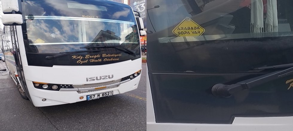                           YOLCULARA  ARABADA SOPA VAR YAZISI İLE AYAR VEREN HALK OTOBÜSÜ